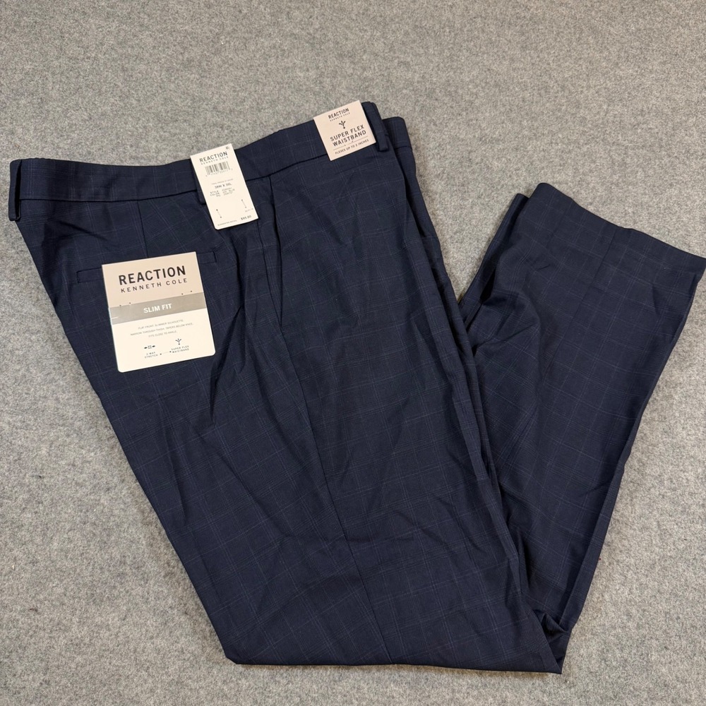 Kenneth Cole Reaction Slim Fit Dress Pants 38x30 Blue Plaid Super Flex KD80091